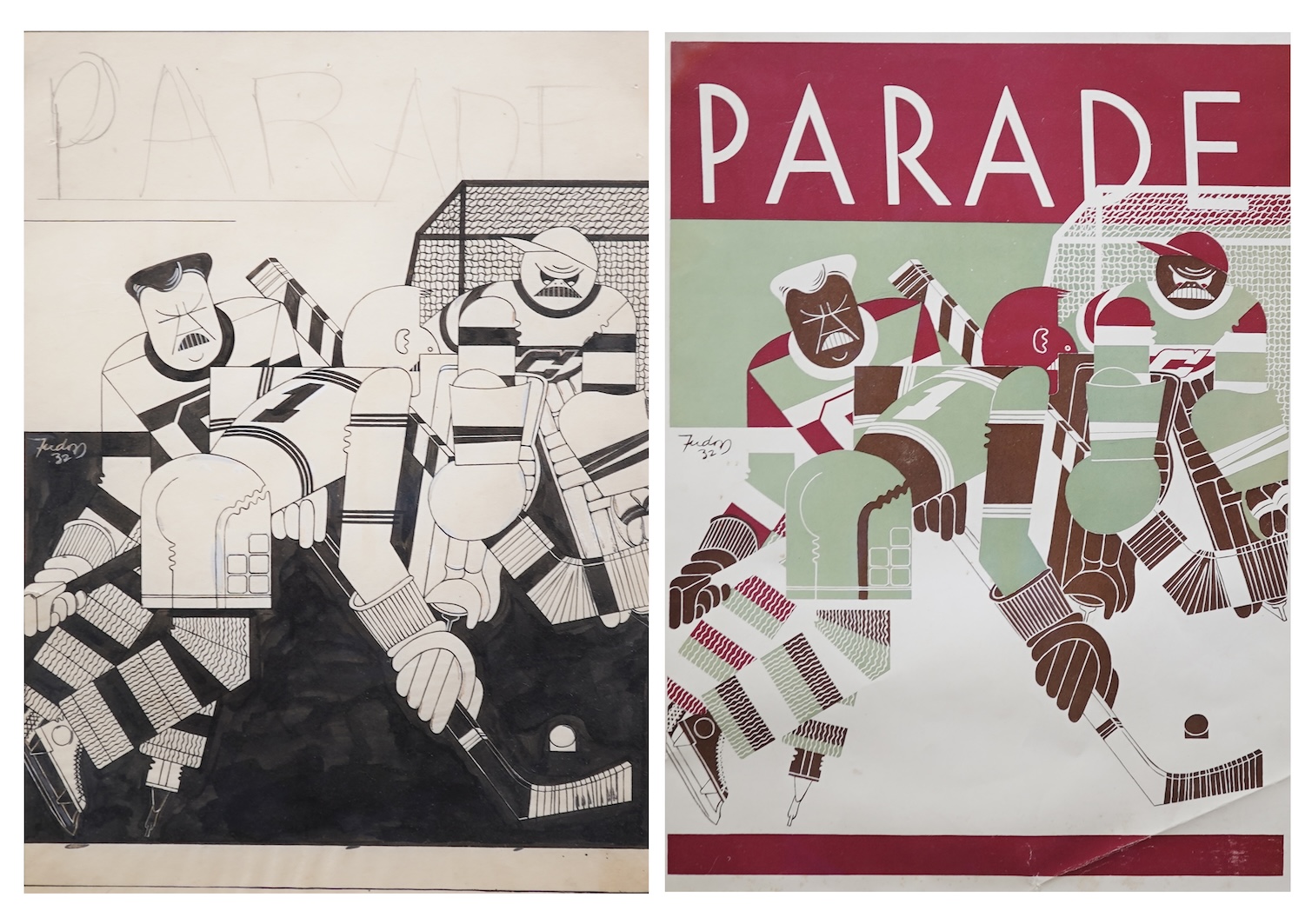 Charles Tudor, American (1903-1970), 'Ice Hockey players' An original design for the cover of Parade Magazine